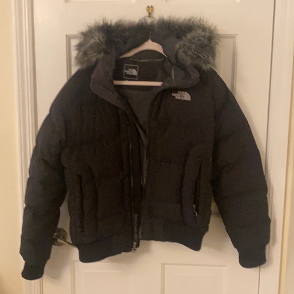 The North Face Black women’s bomber jacket size large, removable hood